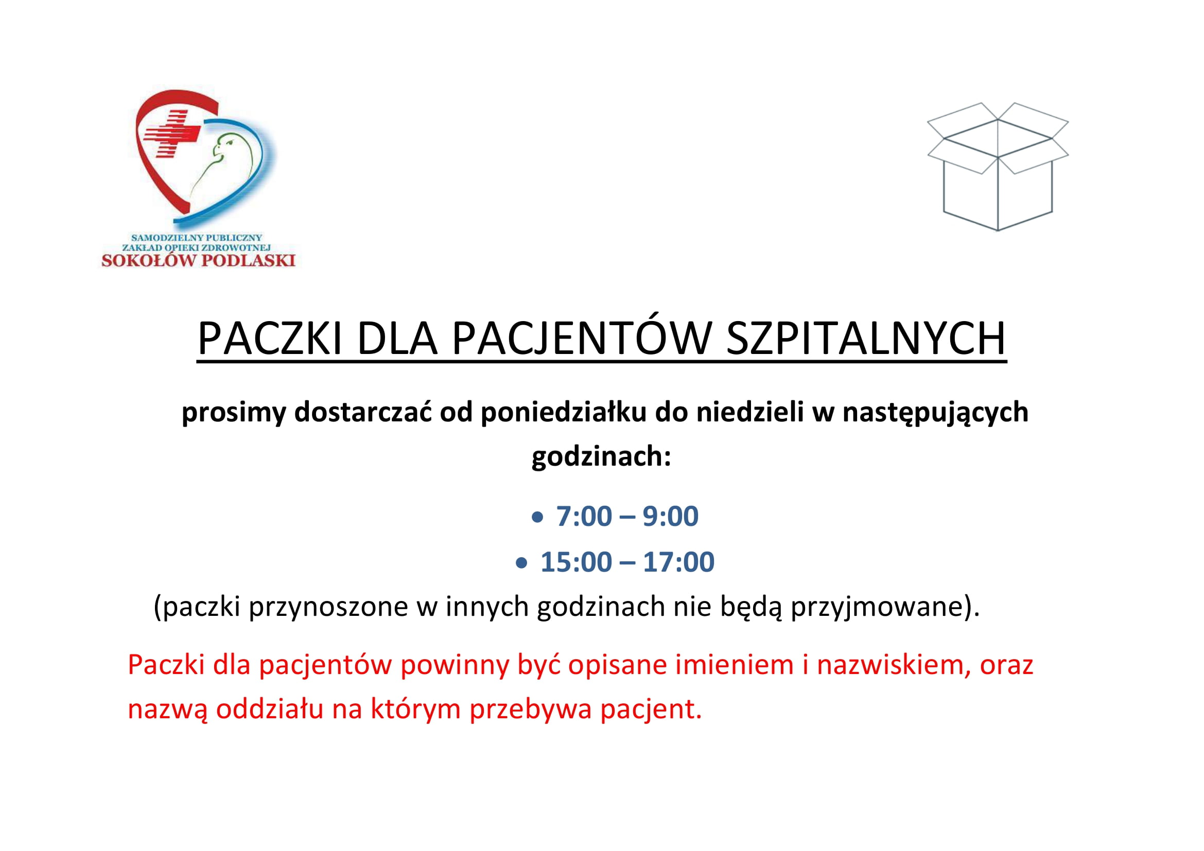 Informacja o paczkach dla pacjentów szpitalnych.